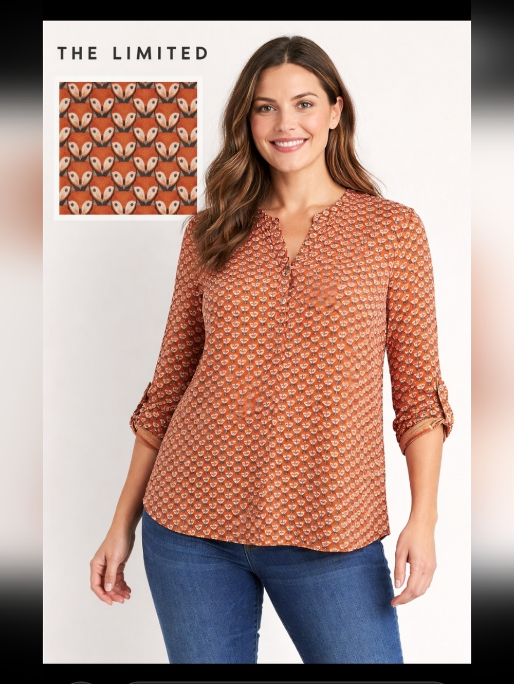 THE LIMITED Womens L Foxes Face Eyes Print Graphic Split V-Neck Top Red White